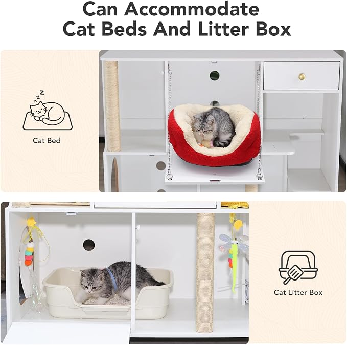 41.3"x19.7"x36.2" Double Cat Litter Box Enclosures，Hidden Litter Box Furniture with Built-in Outlet-Multi-Level 2 Cats with Scratching Post and Storage, Dual cat Litter Cabinet for 2 Litter Boxes - Image 6