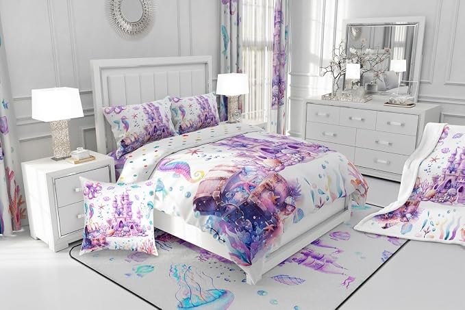 Manfei Dreamy Castle Twin Size Comforter Set,Kawaii Fairy Tale Purple Quilt Set Soft Bed Collection,Watercolor Coral Sealife Bedding Comforter for Boys Girls Room Decor,2 Pcs - Image 6