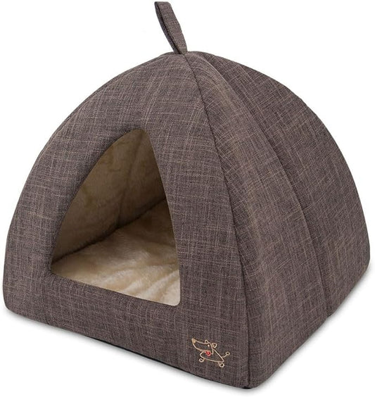 Best Pet Supplies Cat Bed for Indoor Cat, Domed Tent House with Removable Pillow, Covered Cat Cave for Small Dog, Puppies and All Breeds of Cats - Brown Linen, 16 x 16 x H:14" by BestPetSuppliesLLC