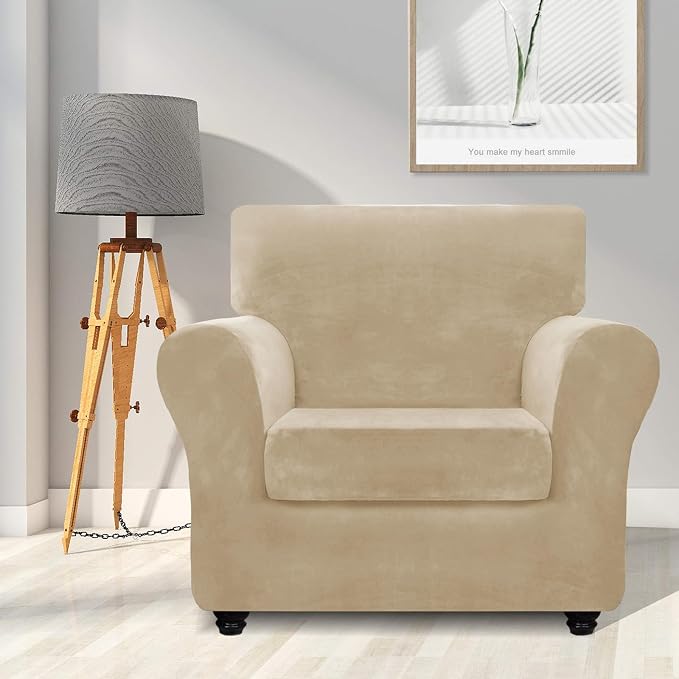 ZNSAYOTX Luxury Spandex Polyester Chair Slipcovers with Arms 2 Piece Stretch Chair Covers for Living Room Thick Soft Armchair Slipcover Anti Slip Dog Pet Friendly Furniture Protector (Camel),30"-47" - Image 2