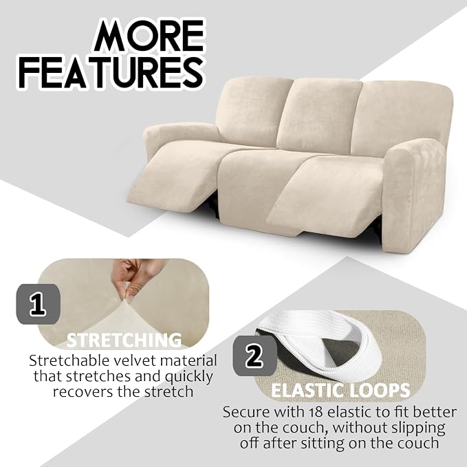 ULTICOR Velvet 8-Pieces Recliner Sofa Covers Stretch Reclining Couch Covers for 3 Cushion Reclining Sofa Slipcovers Furniture Covers Thick Soft Washable (3 Seater Recliner Cover, White) - Image 4