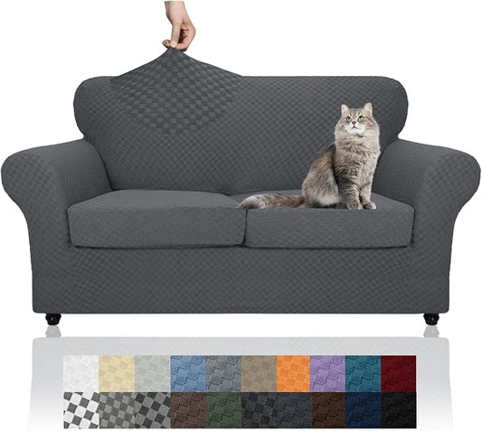 YEMYHOM Latest Checkered 3 Pieces Couch Covers for 2 Cushion Couch High Stretch Thickened Love Seat Sofa Cover for Dogs Pets Elastic Loveseat Slipcover Protector (Dark Gray), 55"-69"(2 Cushions) by YEMYHOM