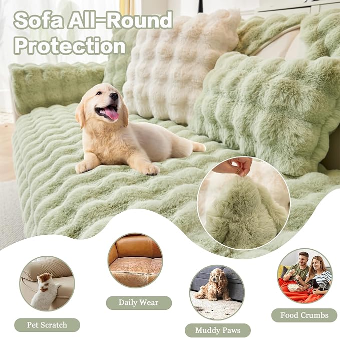 DREAMINGO Faux Fur Couch Seat Cover, Soft Plush Sofa Covers for Pet Washable, Non Slip Furniture Protector for 3 Cushion Couch Sofa Sectional, 35.4x82.7 Inch, Green - Image 5