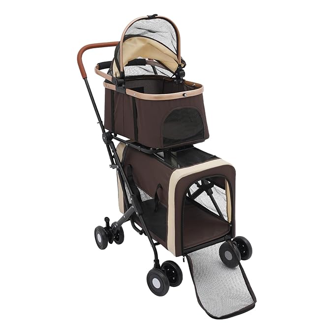 Double Dog Stroller with 4 Wheels, Foldable 3-in-1 Cat Pet Stroller with 2 Detachable Carriers,Reversible Handle, Steel Frame, Safety Belt for Small Medium Dogs Cats(Coffee Color)