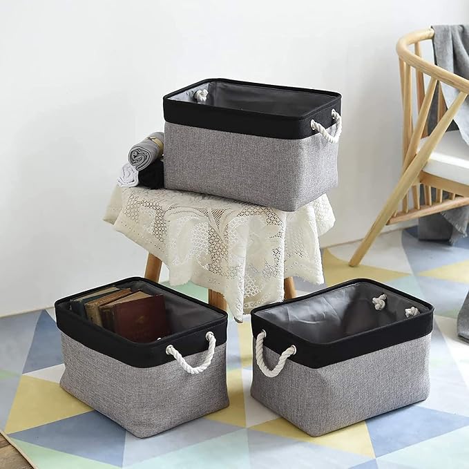 TheWarmHome Collapsible Storage Bin for Shelves - 16x12x8 inch Large 3 Pack Storage Basket for Organizing with Rope, Fabric Storage Cubes for Organizer Toy Cloth Gift Closet (Black & Grey) - Image 2