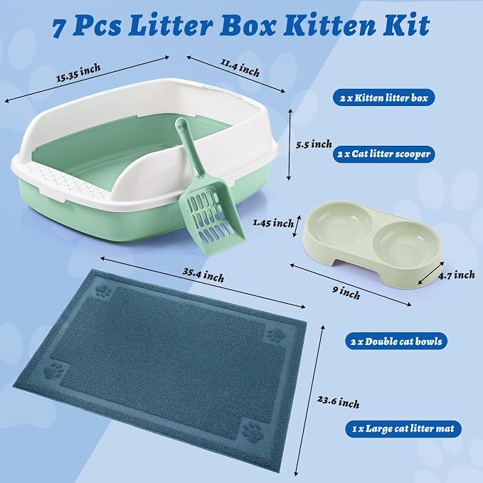 Sliner 7 Pcs Kitten Litter Box Starter Kit, 2 Plastic Small Kitty Litter Box Training Low Entry with Scoop, 2 Double Cat Bowl and Mat for Kitten Indoor(Green) - Image 2