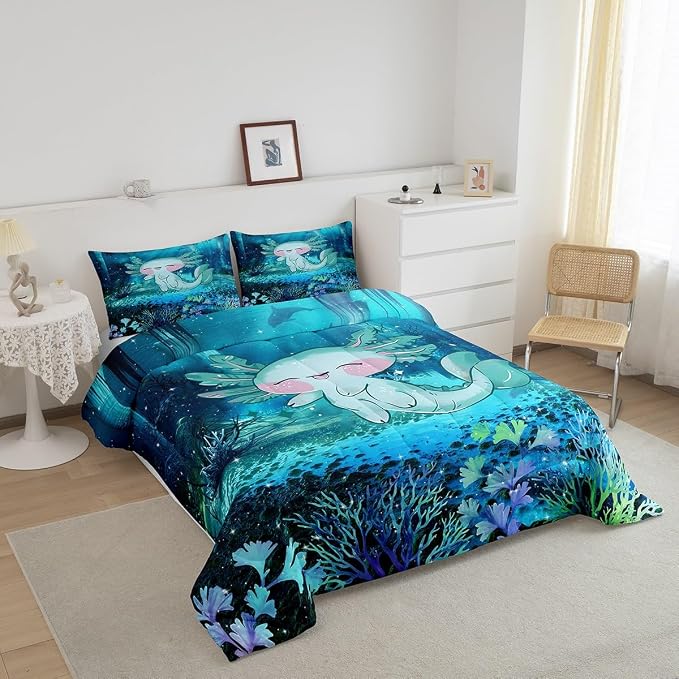 Manfei Cartoon Axolotl Twin Size Comforter Set,Cute 3D Ocean Animal Quilt Set Soft Bed Collection,Blue Seaweed Plant Bedding Comforter for Boys Girls Kawaii Bedroom Decor,2 Pcs - Image 3
