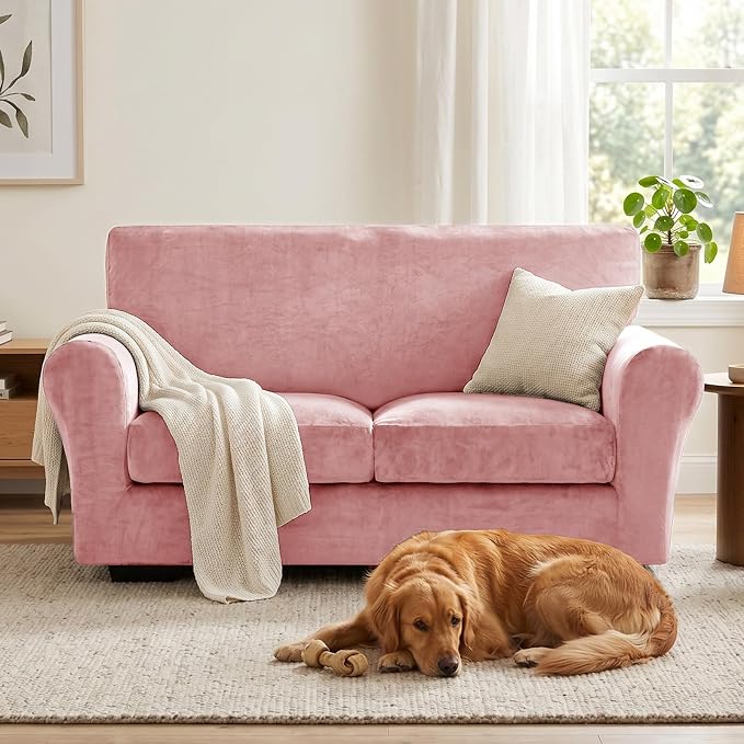 XINEAGE 3-Piece Velvet Loveseat Sofa Cover, Couch Covers for Dog,Pink | 2 Cushion Loveseat,Stretch Non-slip Elastic, Pet-friendly, Washable, Fast Setup, Soft Plush Fabric, Furniture Protector. - Image 4