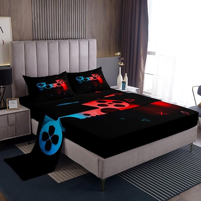 Gaming Bedding Sets for Boys Gamer Sheet Set Twin,Blue Red Gamepad Bed Sheet Sets Kid Men Video Games Fitted Sheet for Teen Child Game Room Decor Black Classic Retro Gaming Flat Sheet with Pillowcase - Image 3