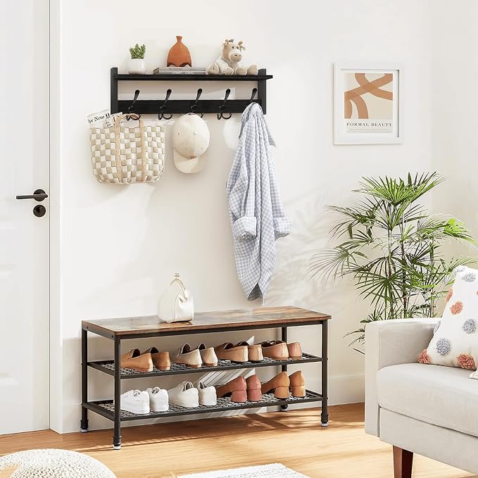 Homode Coat Rack with Shelf, 24" Coat Hooks Wall Mounted with Shelf | Wooden Hanging Coat Hanger with Tri Hooks for Entryway, Bathroom, Mudroom, Bedroom, Black - Image 2