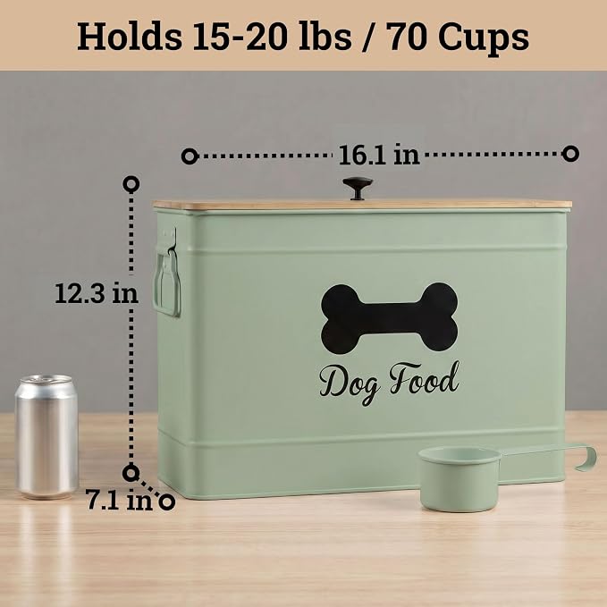 Metal Dog Food Container 15-20 lbs w/ Airtight Bamboo Lid, 70 Cup Capacity | Pet Jar For Dogs up to 100lbs, Airtight Bamboo Lid, Sturdy Comfortable Metal Handle, Powder Coated Iron, Kibble Storage Bin - Image 6