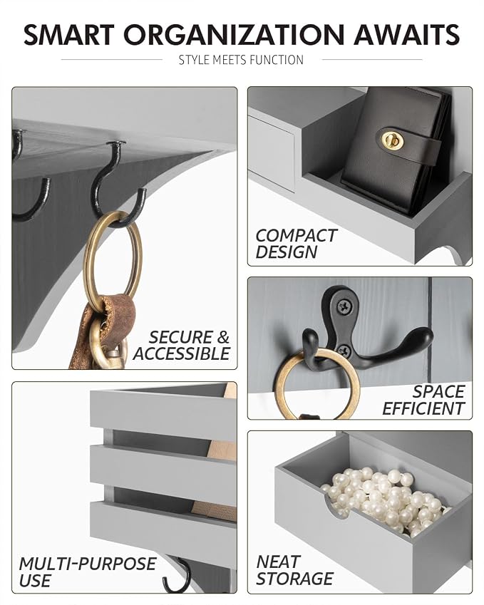 Rebee Vision Key Holder Wall Mount with Drawer & Shelf for Entryway, Gray | Key Holder for Wall, 9 Key Hooks, Floating Shelf, Drawer Organizer, Mail Organizer, Trendy Home Decor, Room Decor Aesthetic - Image 5