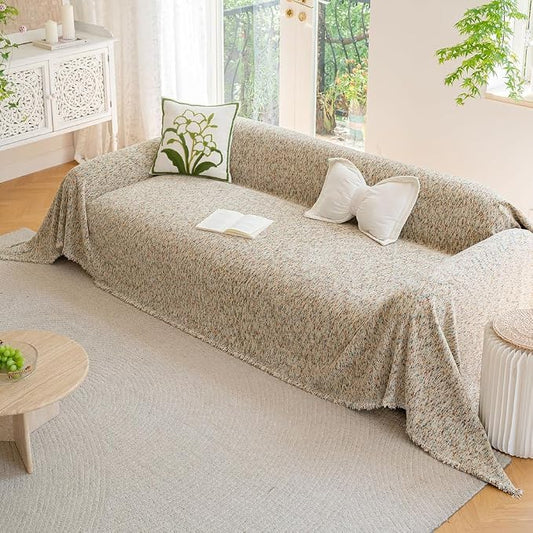 ROOMLIFE Boho Beige Couch Cover for Dogs, Washable Non Slip Furniture Protector Couch Sofa Covers for 3 Cushion Couch, Soft Chenille Couch Cover Throw Blanket with Tassels 71''X134'' by ROOMLIFE