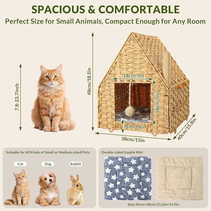 Handwoven Rattan Cat Bed for Indoor Kitten, Cat Cave Bed with Sisal Ball, Cushion & Cat Scratch Post, Foldable Hideaway Cat Hut in Bedroom Living Room, Natural - Image 2