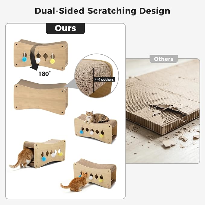 COZIWOW Cardboard Cat Scratcher House with Toys 26-Inch Curved Cat Lounger as Tunnel Double-Layer Scratching Box and Corrugated Board for Play, Scratch, Sleep and Rest - Image 4