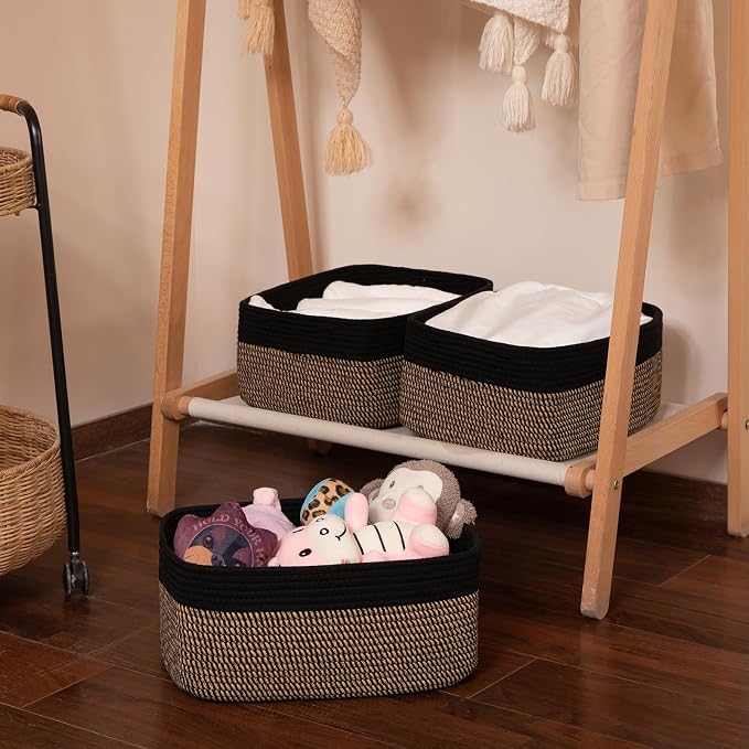 OIASKET Storage Baskets for Organizing 3 Pack, Woven Baskets for Shelves, Closet Organizer Bins Empty Gift Basket Toy Storage for Toys, Books, Towels, Clothes, 15"x11.42"x6.7", Black & Yellow - Image 7