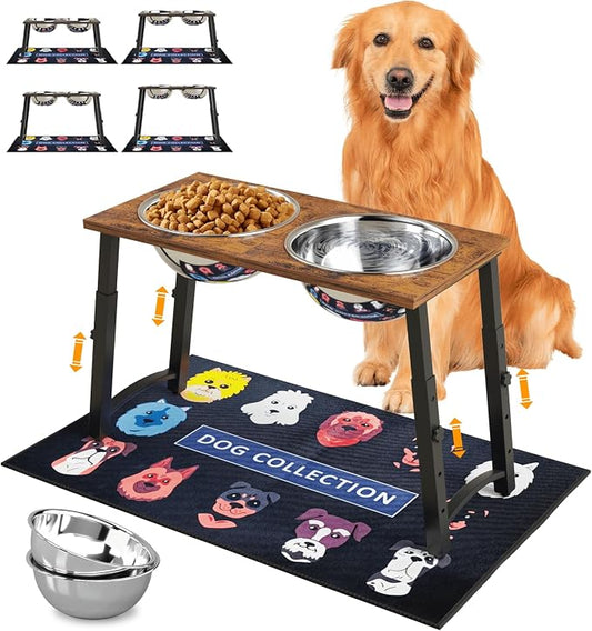 Elevated Dog Bowls for Large Extra Large Dogs with Mat, 4 Height Adjustable, 2 Stainless Steel Dog Bowls 3000ml,101oz by TIDANT