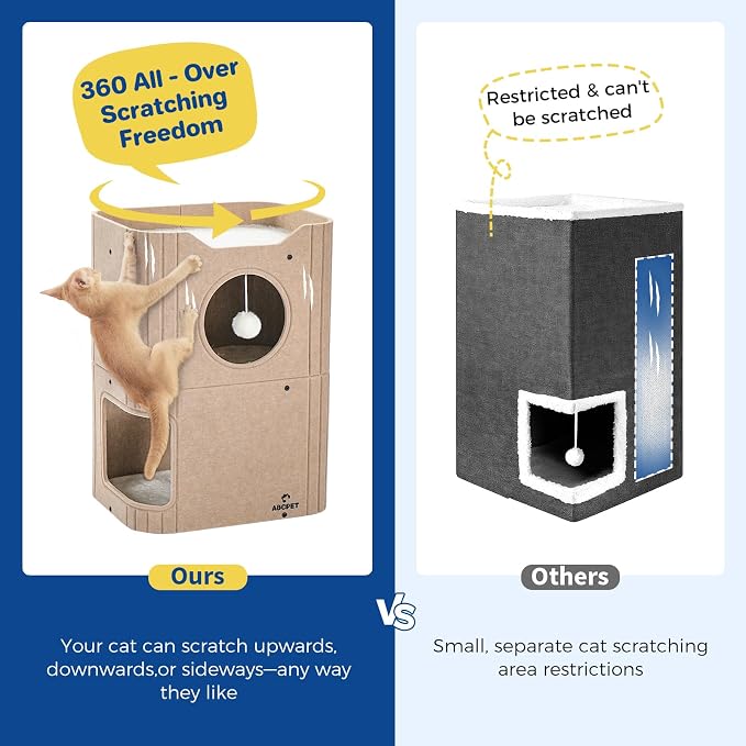 ABCPET Cat House for Indoor Cats, Cat Condo Cat Bed Cave, Felt Cats Hideaway Condo with Resistant Scratching Freedom Kitten Cube & Hanging Ball, Beige - Image 7