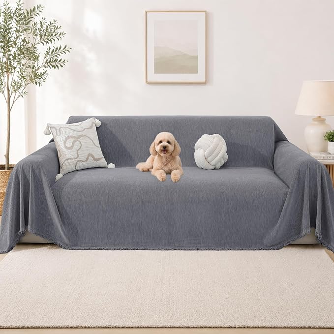 Chenille Couch Cover for Dogs, Boho Sofa Cover Washable Couch Cover, 3 Cushion Sofa Cover, Pet Throw Blankets for Couches with Tassel Furniture Protector Covers,71"×150",Gray by YSTELLAA