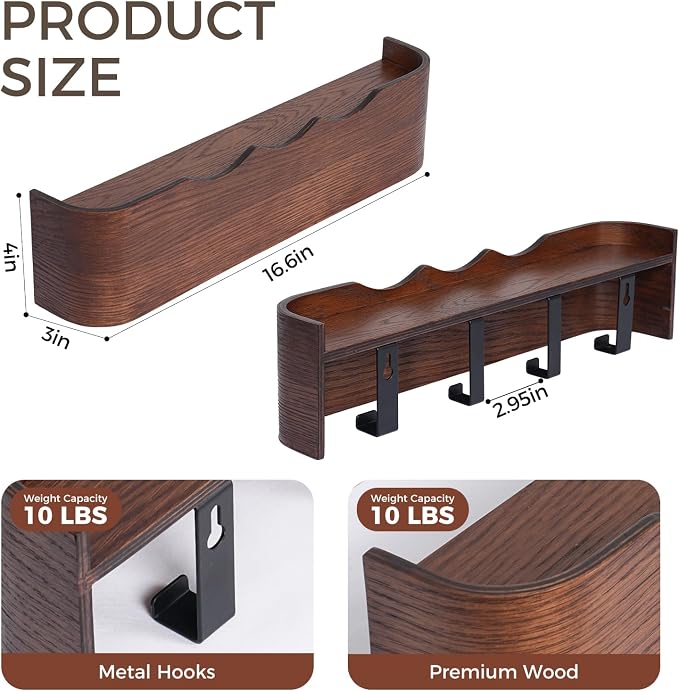 Coat Rack Wall Mount with Shelf Entryway Shelf Modern Key Holder Hanger Wall Shelves with Hidden Hooks for Hanging Towels Coats Hats Bags for Hallway Bathroom Bedroom(Wavy Walnut Color, 4 Hooks) - Image 2