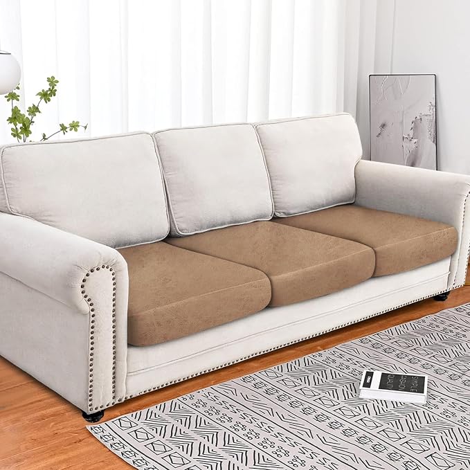 Leather Like Couch Cushion Covers Sofa Slipcovers Sets Couches Furniture Protector Covers for Sectional Armchair Loveseat Stretch Spandex Fabric, Machine Washable (3 Cushion Sofa, Light Kahki) - Image 2