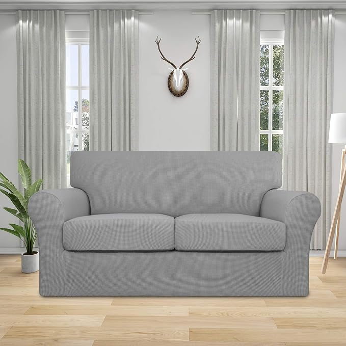 Easy-Going 3 Pieces Stretch Couch Cover Sofa Cover for Dogs Washable Sofa Slipcover for 2 Separate Cushion Couch Spandex Jacquard Fabric Elastic Furniture Protector for Pets (Light Gray, Loveseat) - Image 2