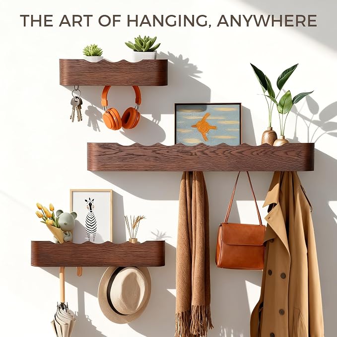 Coat Rack Wall Mount with Shelf Entryway Shelf Modern Key Holder Hanger Wall Shelves with Hidden Hooks for Hanging Towels Coats Hats Bags for Hallway Bathroom Bedroom(Wavy Walnut Color, 4 Hooks) - Image 3