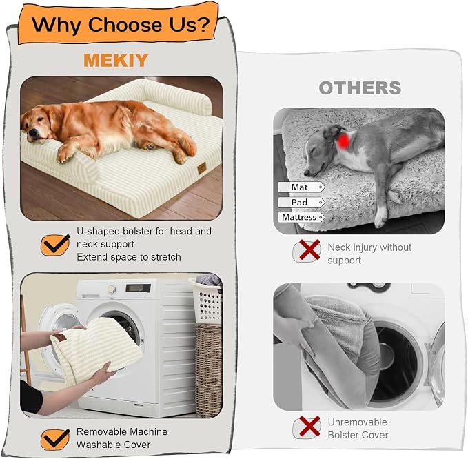 MEKIY Orthopedic XL Dog Bed with Bolster for Extra Large Size Dogs | Pillow Support for Neck Relief, Egg Crate Foam, Skin-Friendly Surface, Waterproof Liner, Anti-Slip Bottom, 42 x 30 Inch - Image 4