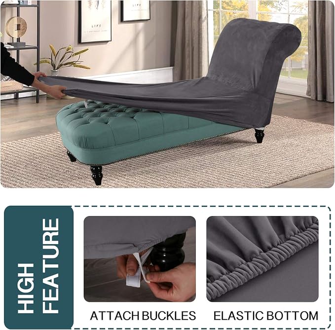 FantasDecor Chaise Lounge Velvet Luxury Covers for Living Room Indoor Stretch Slipcover for Chaise Lounge Ultra Soft Machine Washable, Grey - Image 4