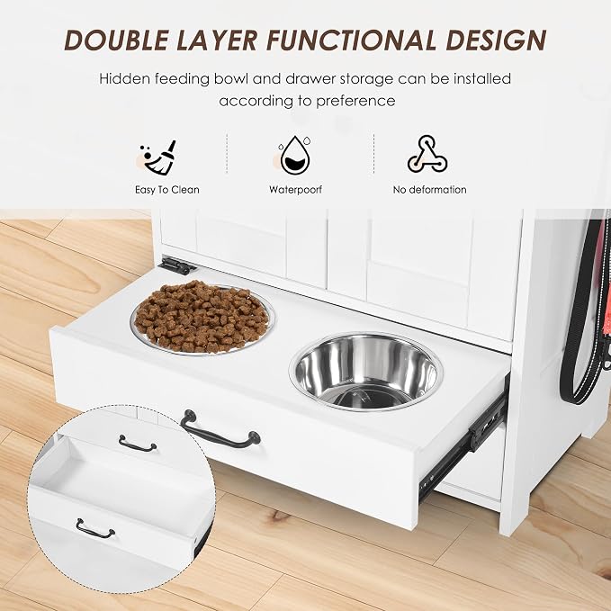 Dog Feeding Station Storage Cabinet: Pet Feeder Container Cabinet with 2 Hidden Raised Dog Bowls Drawers for Feeding & Watering Supplies - Image 6