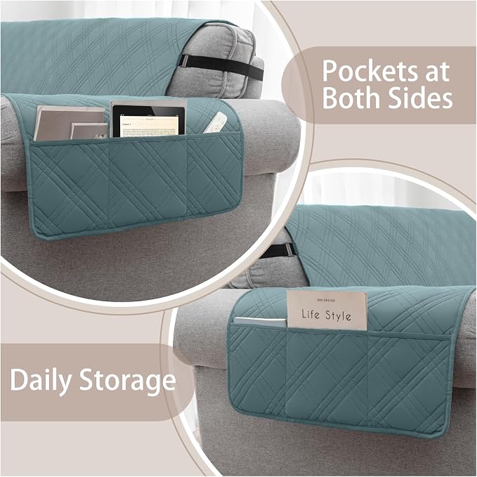 100% Waterproof Couch Cover for Dogs, Anti-Slip Washable Sofa Cover with Elastic Straps & Side Pockets, Durable Furniture Protector for Kids & Pets (Loveseat 46", Grayishblue) - Image 3