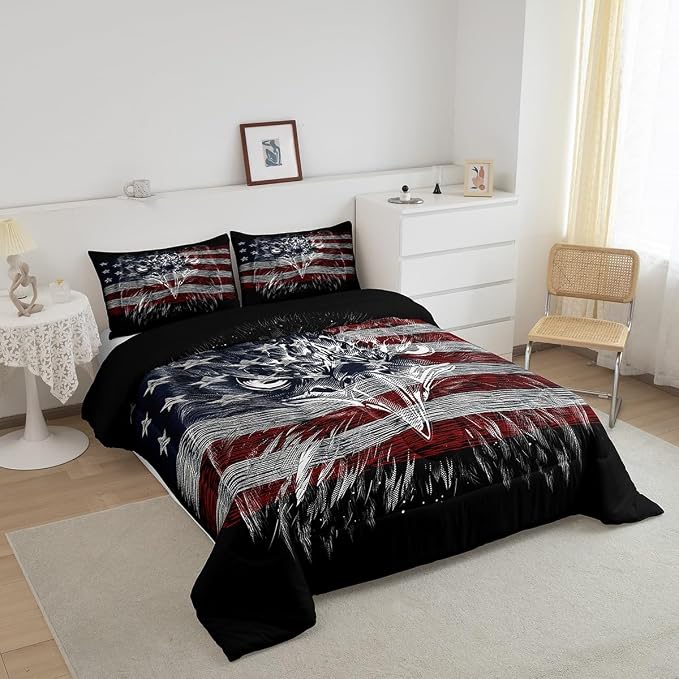 American Flag Comforter Set Queen Size, Eagle Bird Animal Print Stars Stripes USA Flag Bedding Comforters for Children Adult, American Culture Breathable Bedding Set, 2 Pillowcases, Bedspread - Image 5