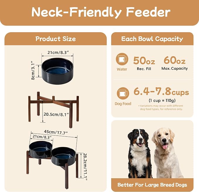 Havniva Elevated Dog Bowls, Ceramic Raised Dog Bowl with Stand | 8.2” Dog Food Bowls Elevated, Dog Food and Water Bowl Set, Non-Slip Acacia Wood Stand, Large Dogs Bowl, 7.6 Cups 60 oz - Image 2