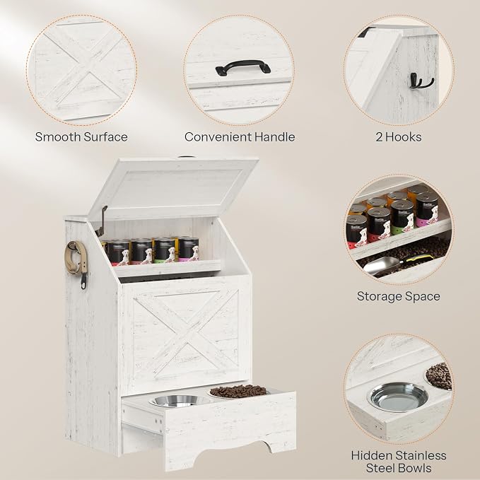 HOOBRO Dog Feeding Station with Sliding Drawer and 2 Hidden Bowls, Pet Feeding Station with Flip-Up Door, Dog Food Storage Cabinet with 2 Hooks for Living Room and Bedroom, Cloud White WT03PO03 - Image 5