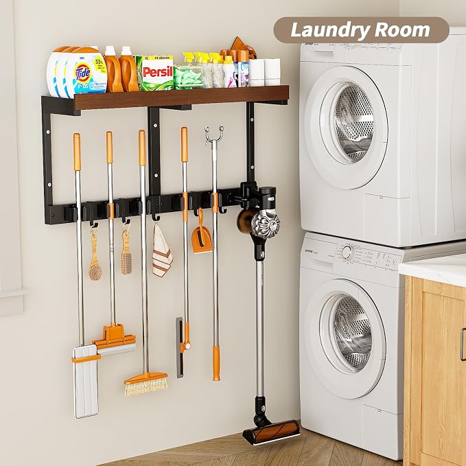Broom and Mop Organizer Wall Hanging, Broom Hanger Holder Wall Mount | 3-in-1 mop and broom holder wall mount with 5 racks,5 hooks, storage shelf & vacuum organizer for garage,kitchen,laundry room - Image 8