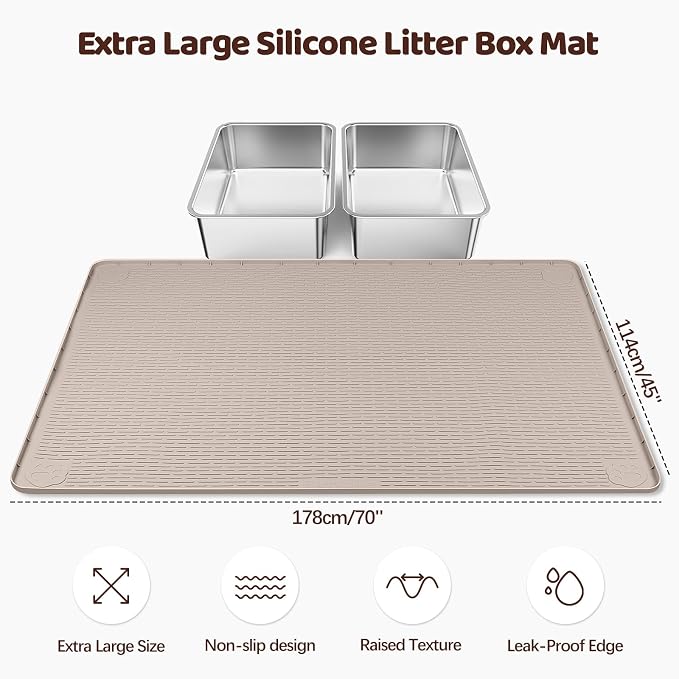 Silicone Cat Litter Mat for Litter Box 70”x45” Large Cat Mat, Khaki | Waterproof, Non-Slip, Leak-Proof Rug Mat with Lip, Easy to Clean, Extra Large Litter Catcher Mat for Floor - Image 2