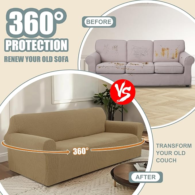 Stretch Oversized Sofa Couch Cover Washable Slipcover, Sand | 1-Piece X-large Sofa Cover For 3 Cushion,Furniture Protector Couch Cover For Dogs, Polyester Spandex Jacquard fabric - Image 4