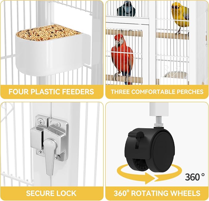 DWVO 41-inch Metal Bird Cage: Large Parrot Cages with Rolling Stand​ - Features Tray, Food Boxes & Wooden Perches for Parakeets, Lovebirds, Cockatiels, Finches and Pigeons, White - Image 6