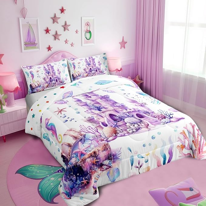 Manfei Dreamy Castle Twin Size Comforter Set,Kawaii Fairy Tale Purple Quilt Set Soft Bed Collection,Watercolor Coral Sealife Bedding Comforter for Boys Girls Room Decor,2 Pcs - Image 2