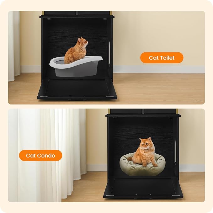 Dwanton Litter Box Enclosure with 2 Storage Shelves and 2 Drawers, 2-in-1 Hidden Cat Litter Box Enclosure Furniture with Shelf, Reversible Entrance, Washable Drawers, 50-Inch, Black - Image 6