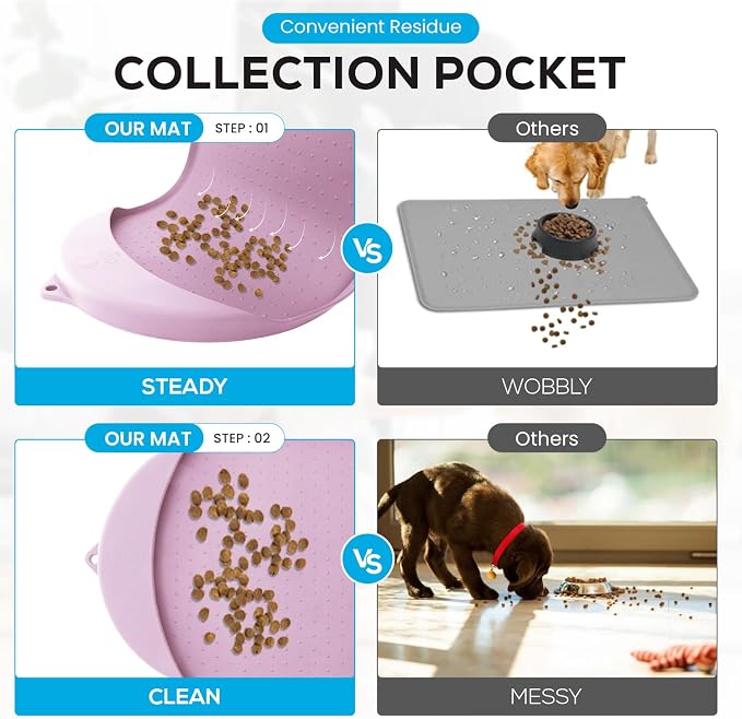Dog Food Mat - 29” x 16.6” Pet Feeding Mat with Residue Collection Pocket - Large Silicone Dog Mat for Food and Water - Waterproof Dog and Cat Bowl Mat, High Edges to Prevent Spills, Light Pink - Image 3
