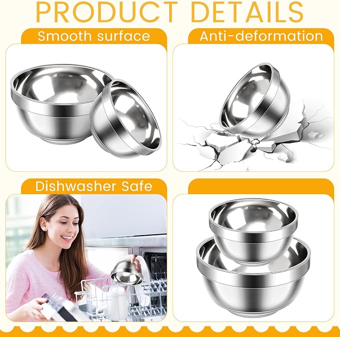 Mimorou 20 Pack 304 Stainless Steel Bowls Set 13oz 20oz Metal Double Walled Insulated Snack Mixing Lightweight Multipurpose Toddler Dinner Bowls for Ice Cream, Cereal, Snack - Image 3