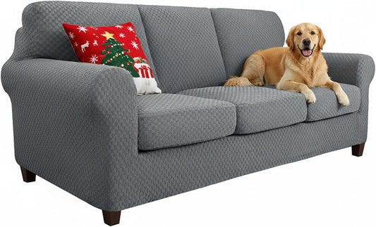 YEMYHOM Latest Checkered 4 Pieces Couch Covers for 3 Cushion Couch Extra Large High Stretch Thickened Sofa Cover for Dogs Pets Furniture Protector Sofa Slipcovers (Light Gray), 91"-110"(3 Cushions) by YEMYHOM