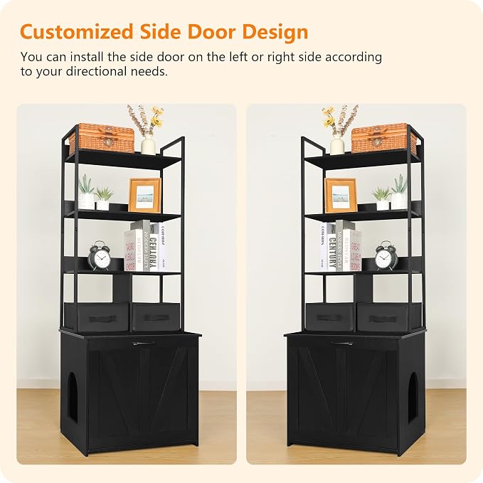 DWANTON Litter Box Enclosure with 3 Storage Shelves and 2 Drawers, 2-in-1 Hidden Cat Litter Box Enclosure Furniture with Shelf, Reversible Entrance, Washable Drawers, 61.8-Inch, Black - Image 2