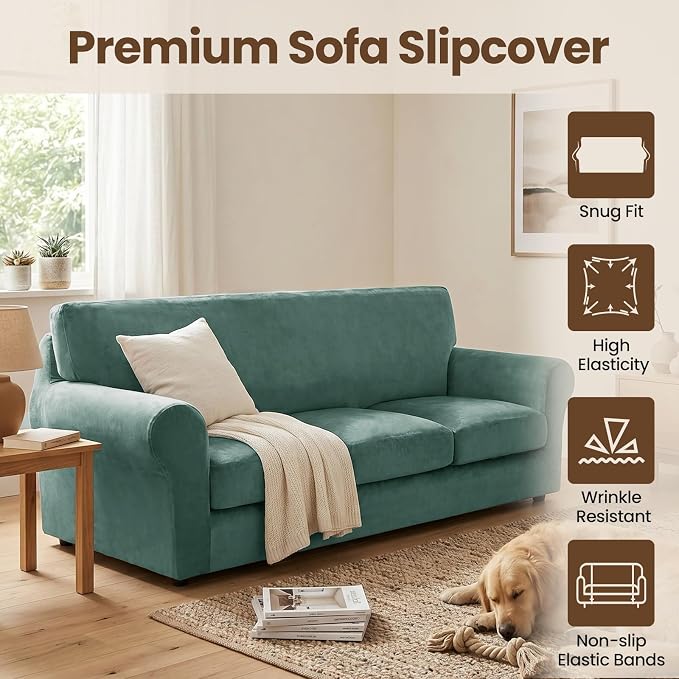 XINEAGE 4-Piece Velvet Oversize Sofa Cover,Couch Covers for Dog,Light Green | 3 Cushion Large Sofa,Stretch Non-slip Elastic, Pet-friendly, Washable, Fast Setup, Soft Plush Fabric, Furniture Protector. - Image 2