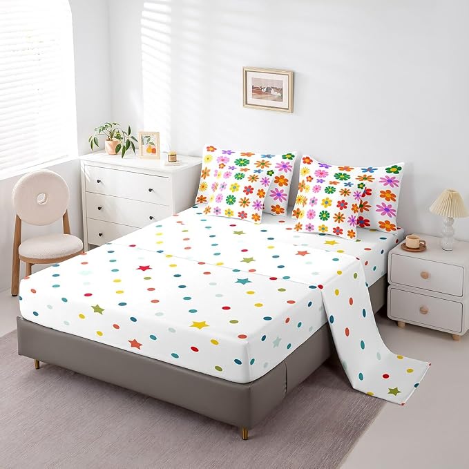 Feelyou Cute Flower 7 Piece Bedding Set Twin Size Colorful Flower Comforter Set with Sheets for Kids Boys Girls White Colorful Bed in a Bag Kawaii Theme Bed Set - Image 2