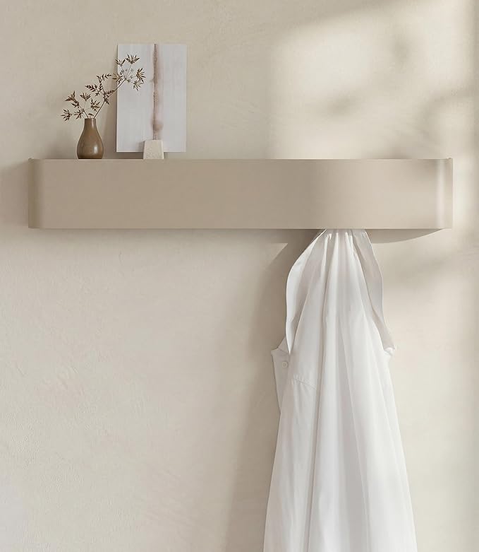 Kazai. Coat Rack Wall Mount with Shelf 'Tone' | Modern Design Coat Hanger with Hidden Hooks and Storage | Hat Rack with Shelf in Metal | Wall-Mounted Purse Organizer | Sand Taupe by KAZAI