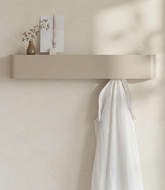 Kazai. Coat Rack Wall Mount with Shelf 'Tone' | Modern Design Coat Hanger with Hidden Hooks and Storage | Hat Rack with Shelf in Metal | Wall-Mounted Purse Organizer | Sand Taupe by KAZAI