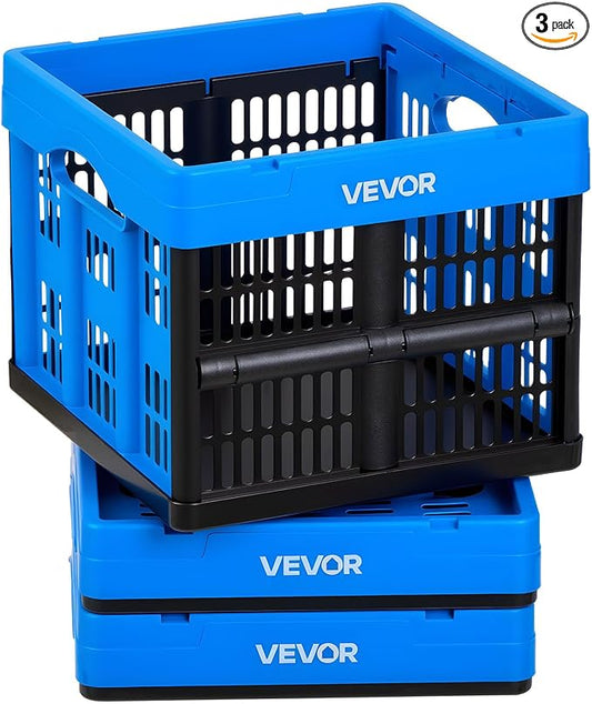 VEVOR Plastic Collapsible Storage Bins, 25L 3 Packs, Stackable Folding Storage Crates with Handles, Holds 22 lbs Per Bin, Foldable Heavy Duty Containers, Space-Saving Baskets, for Home Organizing by VEVOR