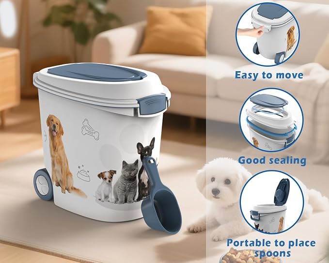 DRATO Pet Food Storage Container with Wheels Resin 30LB Capacity Dog Food Container with Slow Feeder Bowl and Scoop Easy to Move to Keep Food Fresh for Dogs, Cats, Birds - Image 2